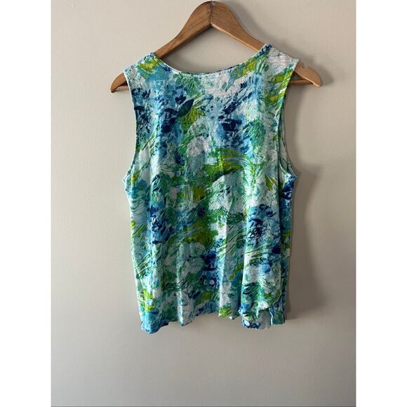 J. Jill Love Linen Tank Top Large 100% Linen Abstract Floral Blue Green - Picture 2 of 6